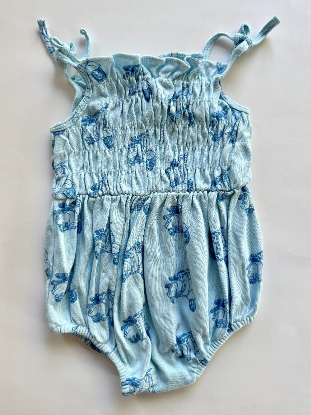 Kate Quinn Vespa Scooter Print Smocked Bubble Romper Blue 6-12M